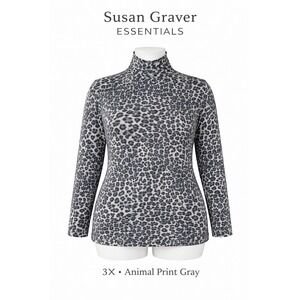 Susan Graver Essentials Gray Animal Print Liquid Knit Ruched Turtleneck Top 3X
